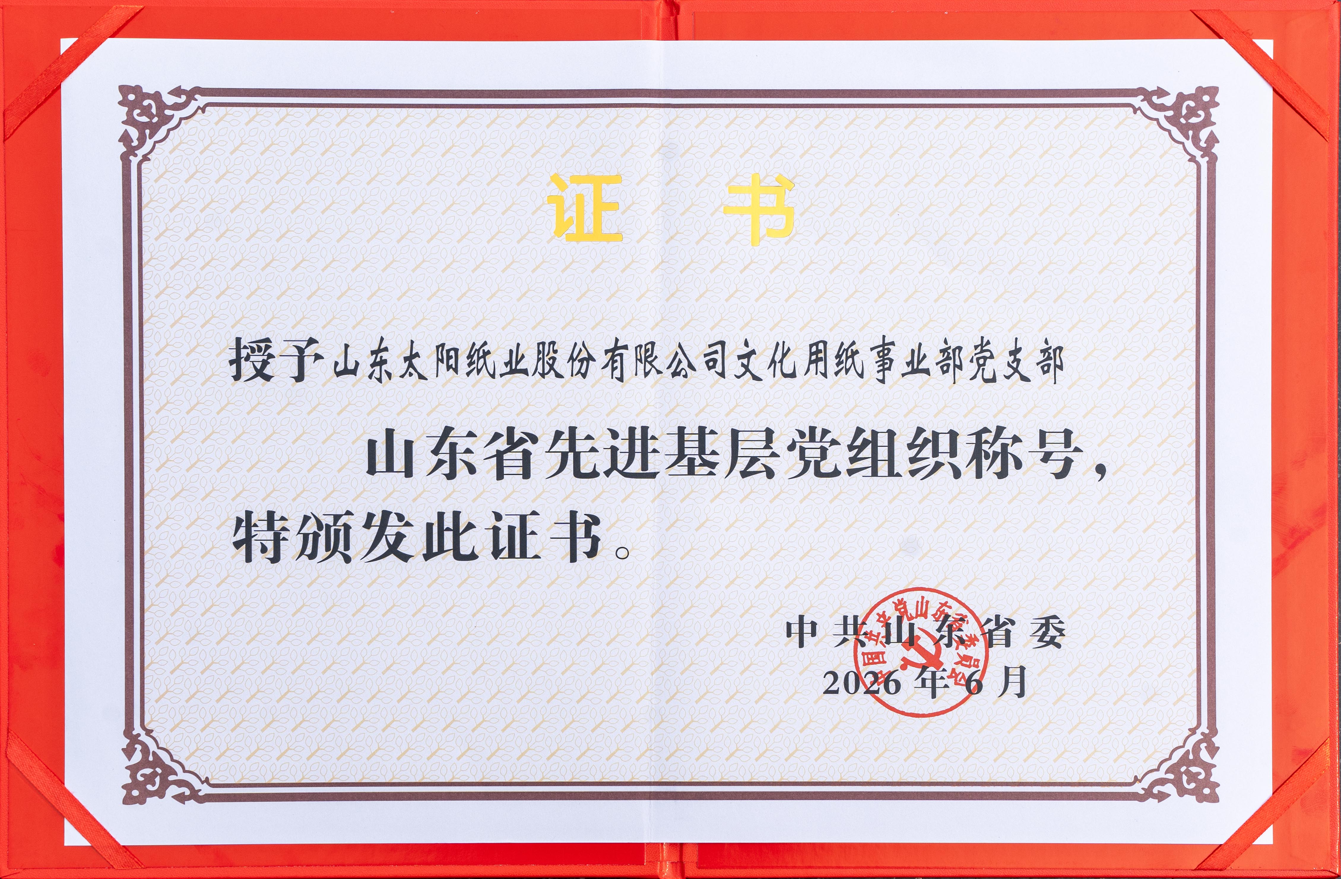2026.6山东世界杯下单网站股份有限公司文化用纸事业部党支部荣获“山东省先进基层党组织”证书.jpg